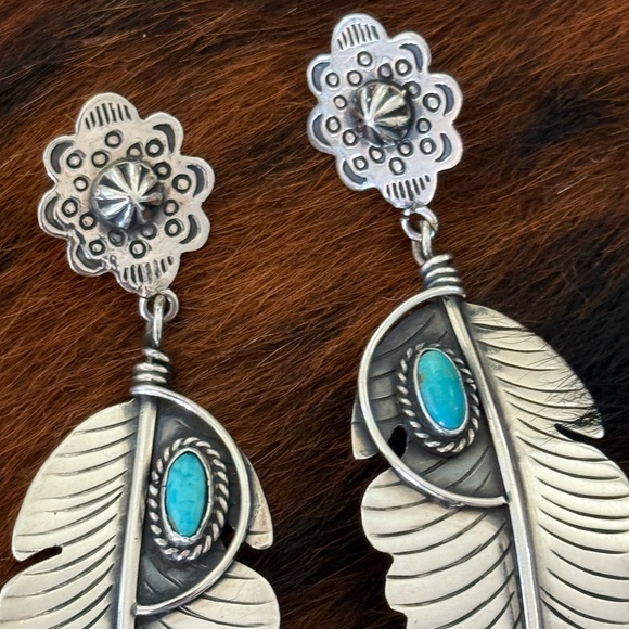 Jacqueline Smiley Western Vintage Revival JSVR silver turquoise feather earrings - Picture 2 of 9